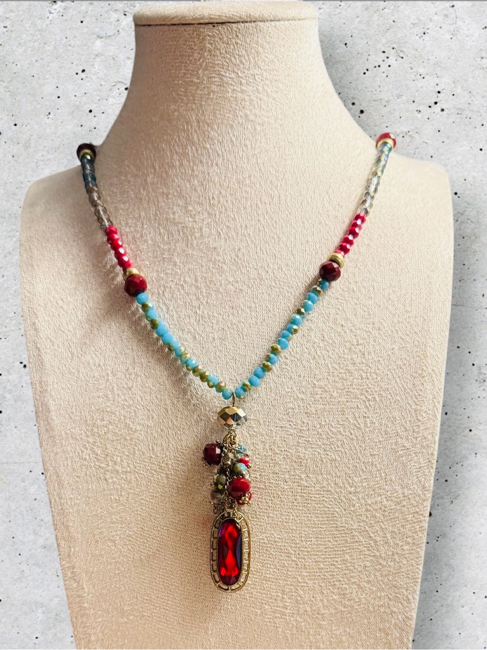 Turquoise & Red Beaded Pendant Necklace - Elegant Statement